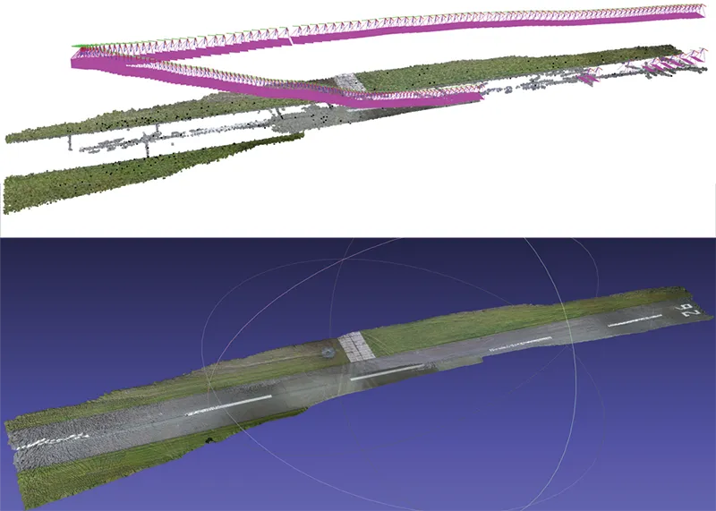 Camera positions above a reconstructed runway, paired with an orthomosaic of the runway