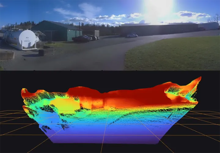 An outdoor scene paired with a coloured three-dimensional point-cloud reconstruction