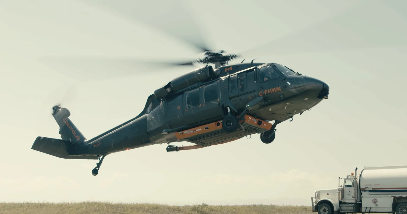 A Contour helicopter in flight.