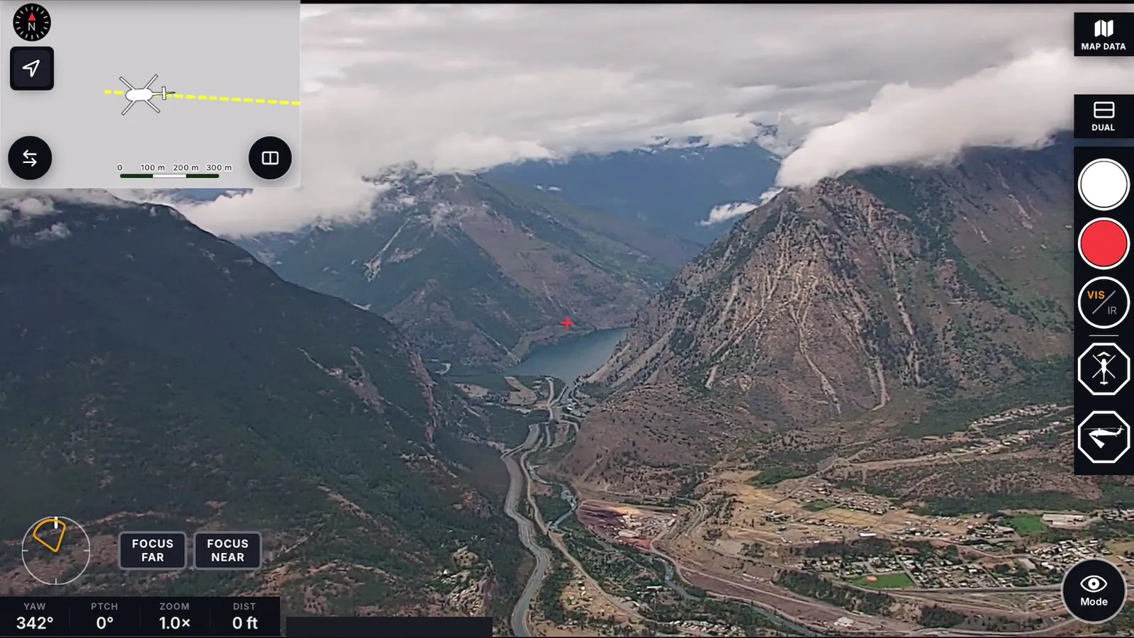 Mountain terrain and a river valley viewed through the VoxVision camera interface