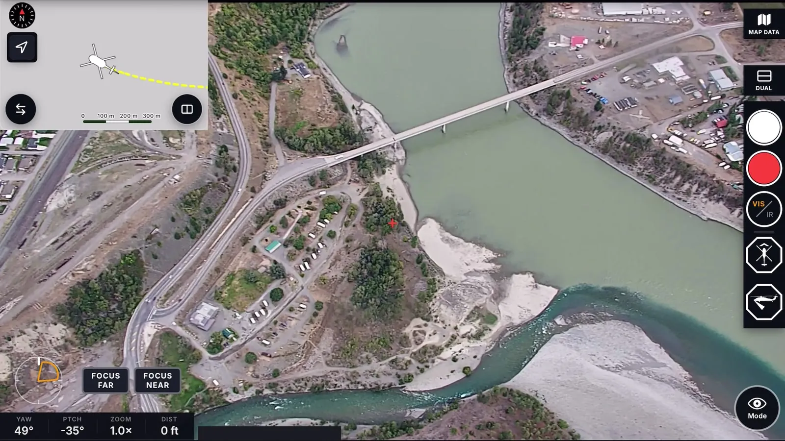 A bridge, roads and river crossing viewed through the VoxVision camera interface