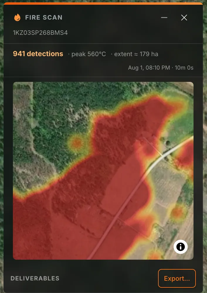 Fire-scan product example with mapped heat, extent and temperature estimates, and an export control
