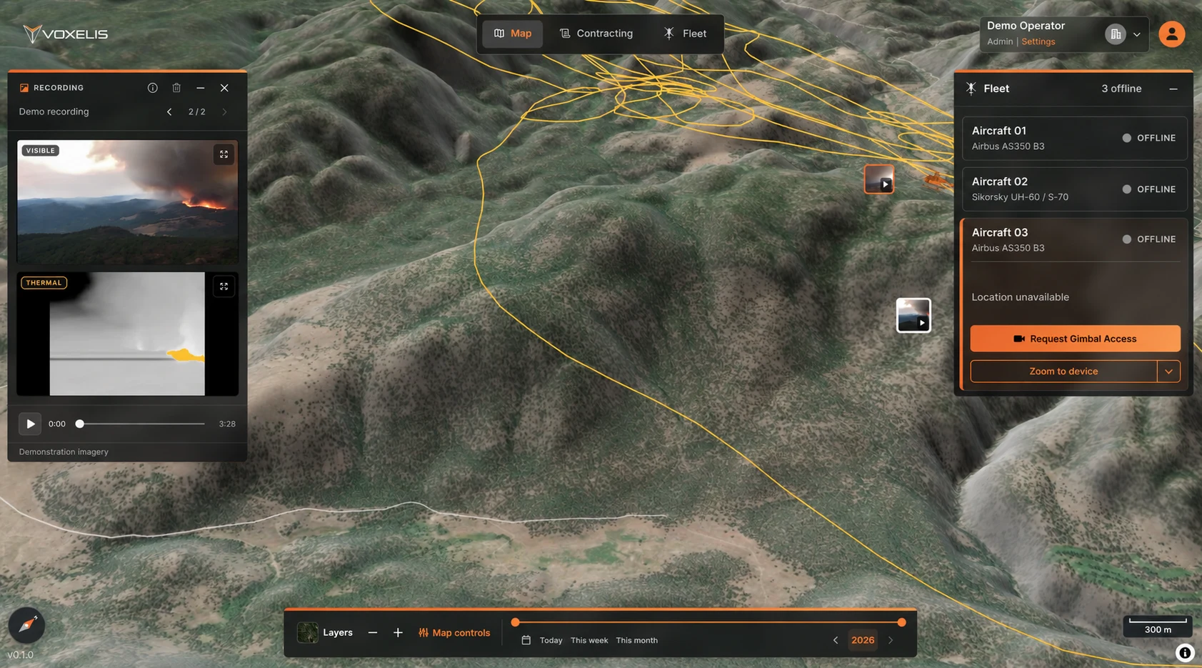 VoxNet demonstration interface with a terrain map, flight tracks, visible and thermal imagery, and three anonymous aircraft shown offline.