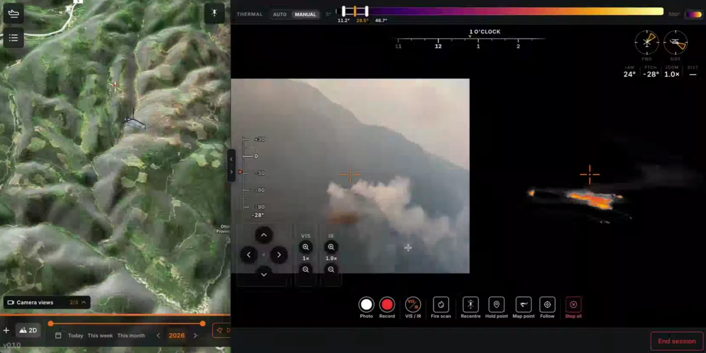 Remote viewing interface with visible and thermal wildfire imagery, a terrain map and gimbal controls