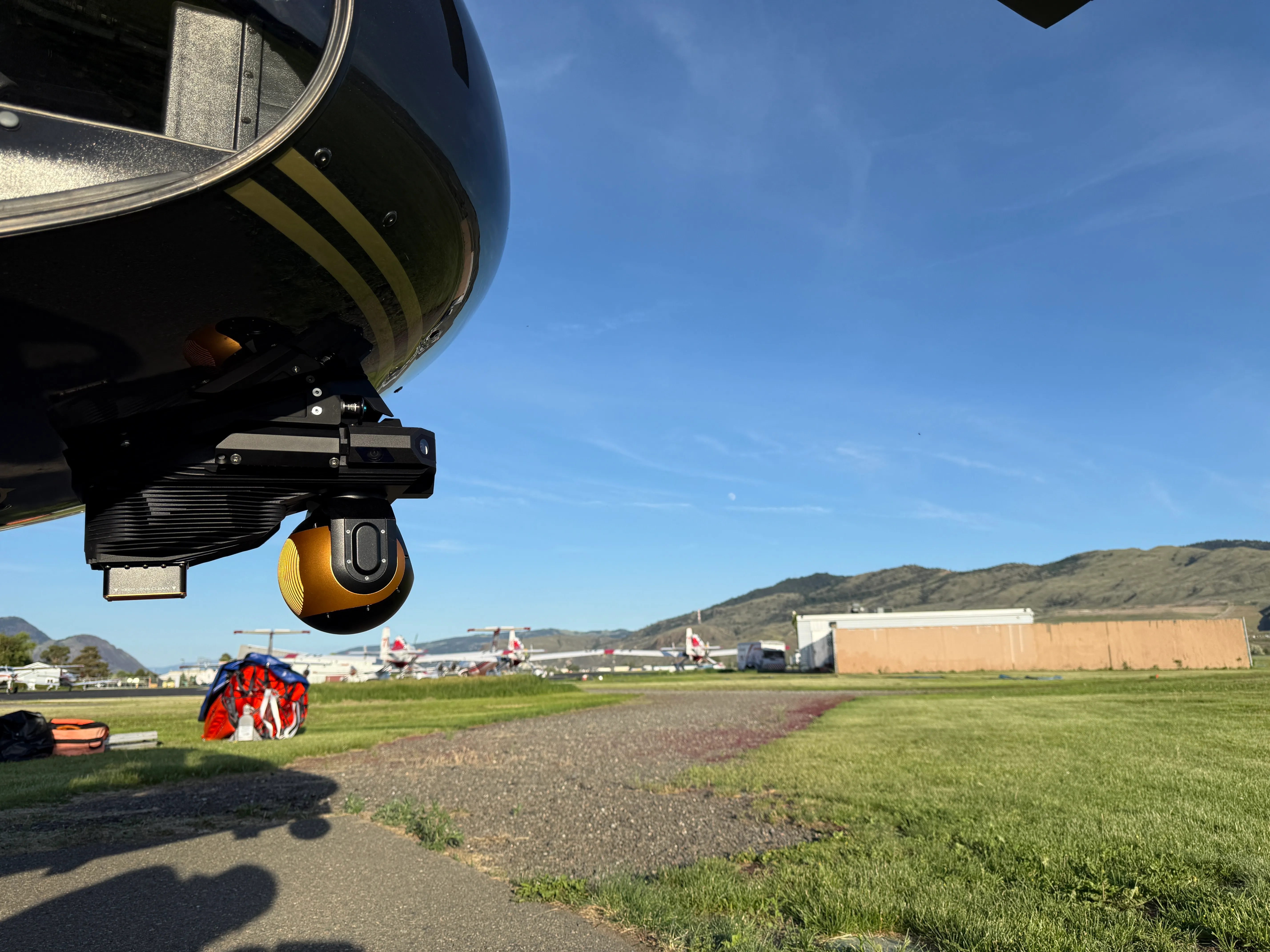 VoxVision sensor unit and gimbal mounted beneath the nose of an AS350